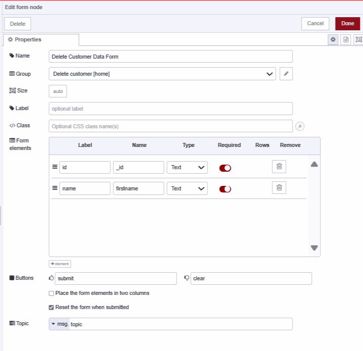 "Screenshot displaying form widget configuration to delete data in MongoDB"